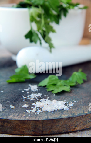 Salz, Petersilie und Mörtel auf einem Holzbrett Stockfoto