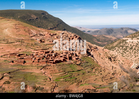 Berber Village mit Feldterrassen im hohen Atlasgebirge, Marokko, Nordafrika Stockfoto