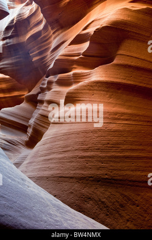 Abstrakte Schattierungen von Orange und Vermillion erstellt durch die Sonne reflektiert auf dem Navajo-Sandstein im Antelope Canyon Page, Arizona Stockfoto