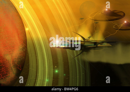 Weltraumschlacht mit zwei rivalisierenden Fraktionen in der Nähe von einem planetaren Körper. Stockfoto