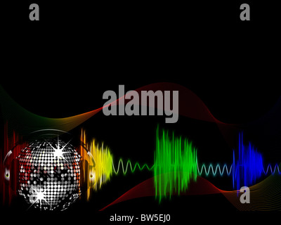 Funkelnde Silber Disco-Kugeln und Kopfhörer auf Neon Schallwellen Stockfoto