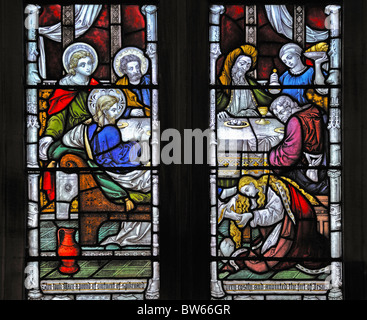 Mary Salbung Jesu Füße, Detail des Kirchenschiffs Nord Gang Fenster. Kirche von St. Michael. Lamplugh, Cumbria, England, Großbritannien Stockfoto