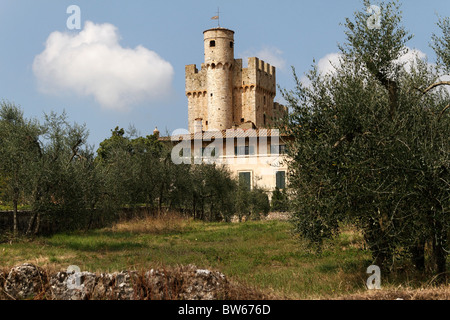 Das Castello della Chiocciola (14. Jh.) mit Paddock und Olivenbäume, Provinz Siena, Toskana, Italien Stockfoto