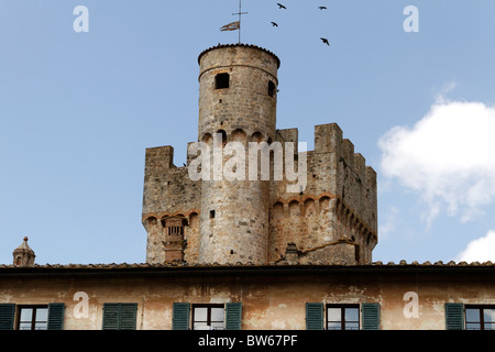 Detail des Castello della Chiocciola (14. Jahrhundert) BL den Festungswällen und fliegende Vögel, Nahaufnahme, Provinz Siena, Toskana, ich Stockfoto