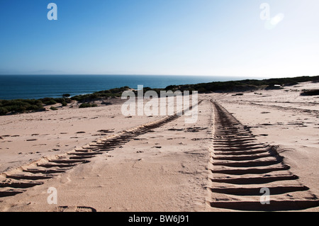 Reifenspuren auf Punta Paloma Strand in Tarifa, Spanien Stockfoto