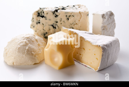 Verschiedene Arten von Käse auf einem weißen Hintergrund. Stockfoto