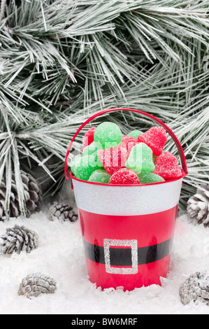 Einen dekorativen Eimer Weihnachtsplätzchen in einer verschneiten Wildnis. Open Space für Kopie absichtlich links im oberen Bildbereich Baum. Stockfoto