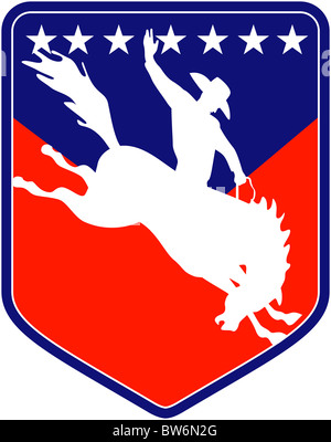 Retro-Stil Abbildung einer Silhouette eines amerikanischen Rodeo Cowboys reiten ein bucking Bronco-Springreiten betrachtet von Seite Stockfoto