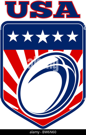 Abbildung von einem Rugby-Ball mit Sternen Streifen und Sunburst im Inneren Schild mit Worten "USA" Vereinigte Staaten von Amerika Stockfoto