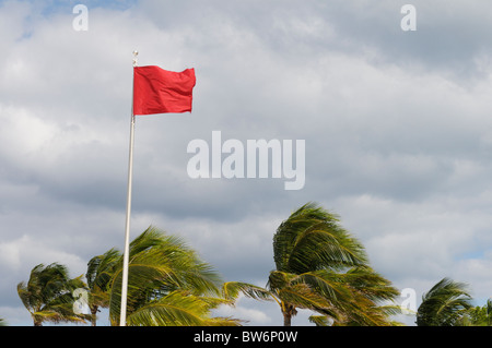 Roten Vorsicht Flagge an einem karibischen Strand bei starkem Wind von den herannahenden Hurrikan Tomas Stockfoto