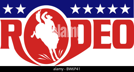 Retro-Stil Abbildung einer Silhouette eines amerikanischen Rodeo Cowboys reiten ein bucking Bronco-Springreiten Stockfoto