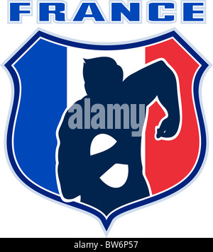 Beispiel für ein französischer Rugby-Spieler läuft mit dem Ball Silhouette Vorderansicht mit Frankreich Flagge im Schild im Hintergrund Stockfoto