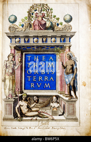 Theatrum Orbis Terrarum, 1570 von Abraham Ortelius, Titelseite, unterzeichnet von Burghley Familienmitglieder alten Weltatlas Kartographie Stockfoto