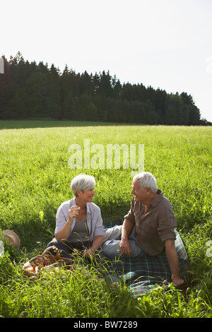 Älteres Paar mit Picknick in Wiesen Stockfoto