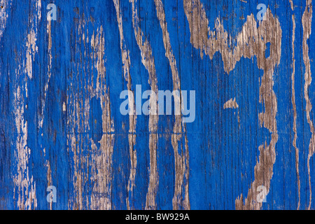 Blaue Farbe verblasst und etwas Holz abziehen Stockfoto