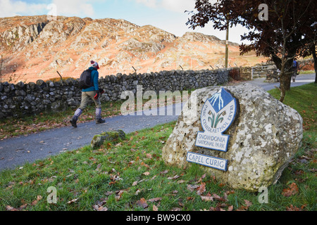 Capel Curig, Conwy, North Wales, UK. Snowdonia-Nationalpark Schild Parkplatz Stockfoto