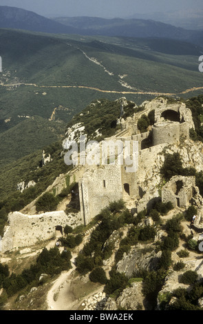 Das zerstörte Schloss von Peyrepertuse, eines der Katharerburgen des Südwestens Frankreich Stockfoto