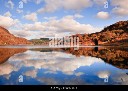 Wolkenreflexionen im Stillwasser des Llyn Dinas Lake im Nantgwynanttal in Snowdonia im Herbst. Beddgelert Gwynedd North Wales Großbritannien Stockfoto