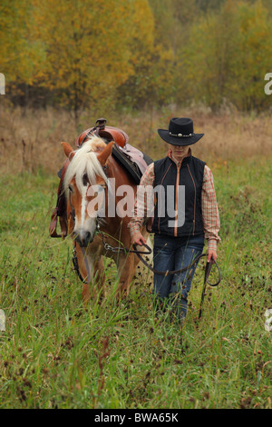 Junge Cowgirl Ihr Pferd in den Nachmittag Tageslicht Stockfoto