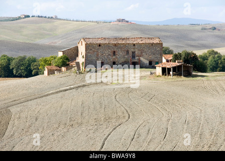 Verlassene Milchviehbetrieb in der Sieneser Kreta Gegend der Toskana, Italien Stockfoto