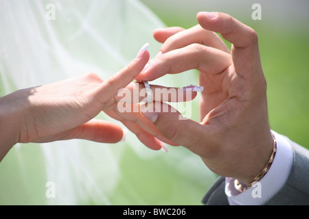 Nahaufnahme des Bräutigams Hand setzen Ehering am Finger der Braut Stockfoto