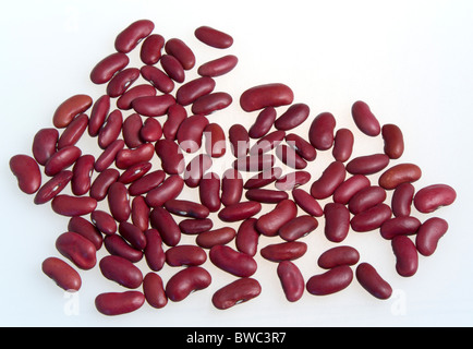 Lebensmittel, Uncooked, Bohnen, rote Kidney-Bohnen, die verstreut auf einer weißen Fläche. Stockfoto