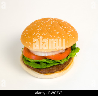 Essen, gekocht, Hamburger, einzelne Viertel-Pfund-Burger mit Zwiebel-Tomaten-Salat in ein Brötchen auf einem weißen Hintergrund. Stockfoto