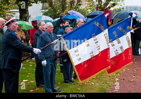 Alten Soldaten tragen Tricolor am Remembrance Day Parade Fahnen - Frankreich. Stockfoto