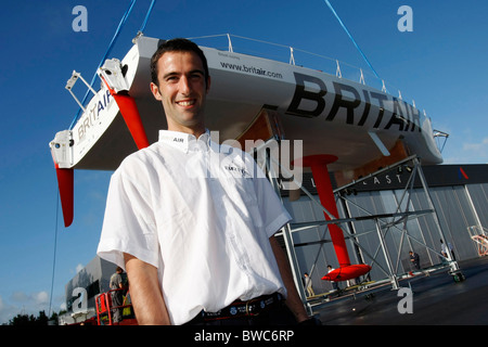 Skipper Armel le Cleac'h mit seiner Segelyacht 60ft "Britair" Yacht sofort nach dem Bau. Vannes, Frankreich, Juni 2007 Stockfoto