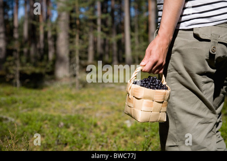 Frau mit Blaubeeren in Korb Stockfoto