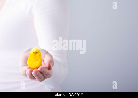 Person, die flauschigen Spielzeug Huhn, close-up von hand Stockfoto