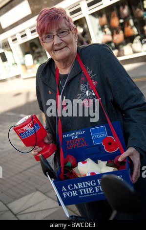 Eine Frau verkauft rote Mohnblumen für Gedenktag, UK Stockfoto