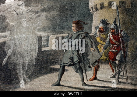 Weiler sieht den Geist von seinem Vater in Hamlet, Akt I, Szene IV von William Shakespeare. Stockfoto