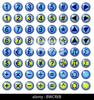 Blaue Grafikschnittstelle Tasten mit Nummer Währung und mathematische Operation Symbole zur Verwendung im Web. Teil einer Reihe. Stockfoto