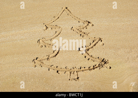 Weihnachtsbaum am Strand. Neujahr-Hintergrund. Stockfoto