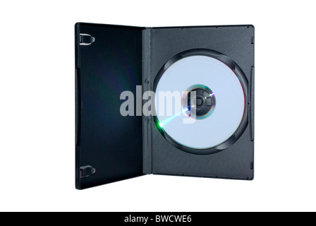 Blackbox mit beschreibbaren DVD-Scheibe innen isoliert auf weißem Hintergrund. Stockfoto