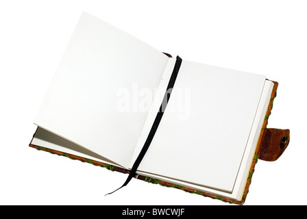 Aufgeschlagenes Buch mit dem leeren Raum auf den Seiten für Ihr Design isoliert auf weiss. Stockfoto