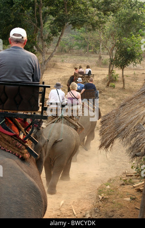 Touristen genießen einen Elefantenritt, Ruammit Dorf, Provinz Chiang Rai Thailand. Stockfoto