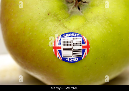 Bramley Kochen Apfel mit einem britischen Union Jack Logo-Schild Stockfoto