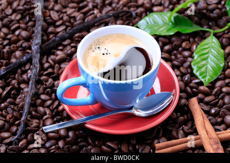 Schwarzen Kaffee auf einem Bett aus Kaffeebohnen Stockfoto