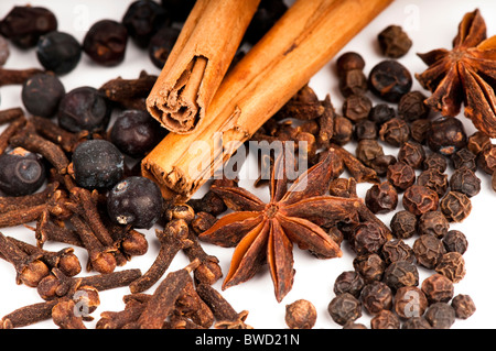 Drei Zimtstangen umgeben von einer Vielzahl von getrockneten weihnachtlichen Gewürzen: Pfeffer, Sternanis, Nelken und Wacholderbeeren. Stockfoto