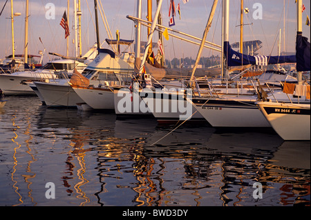 Eröffnungstag der Schifffahrt entlang der Montlake Schnitt mit Booten aufgereiht auf Union Bay Sonnenaufgang Seattle Washington State USA Stockfoto