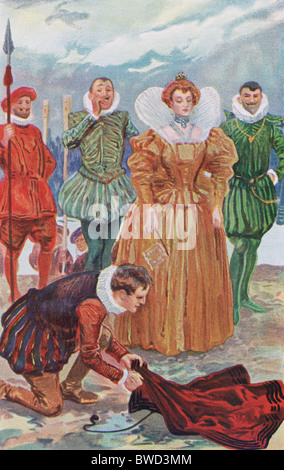 Die Überlieferung sagt Sir Walter Raleigh platziert seinen Mantel über eine Pfütze um Elizabeth zu verhindern ich aus trüben ihre Schuhe. Stockfoto