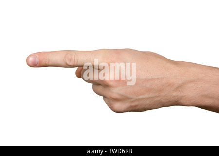 Auf den isolierten Hintergrund zeigt die Hand einen Zeigefinger beiseite Stockfoto