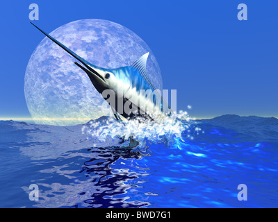 Billfish - ein Blue Marlin platzt aus dem Ozean in einem großen Wasser. Stockfoto