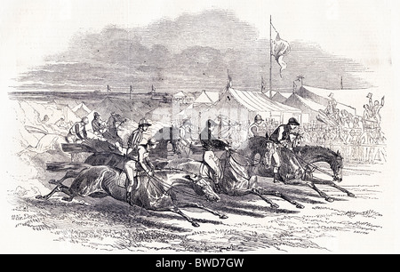 Viktorianische Gravur von The Flying Dutchman Hotspur durch einen kurzen Hals in 1849 Derby Stakes bei Epsom Rennen zu schlagen Stockfoto