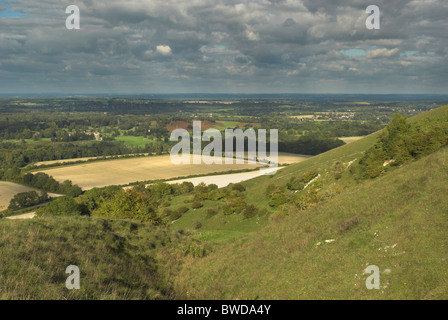 Blick auf die Sussex Weald von Rackham Hügel in den South Downs National Park in West Sussex. Stockfoto