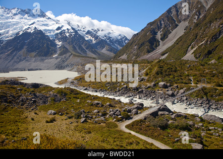 Nachschlagen von Hooker Valley mit Müller-See auf der linken Seite Stockfoto