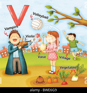 Alphabet V Studie mit Illustration und Worte Stockfoto