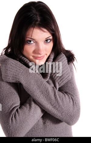 Eine hübsche junge Frau einfrieren. Alle isoliert auf weißem Hintergrund. Stockfoto